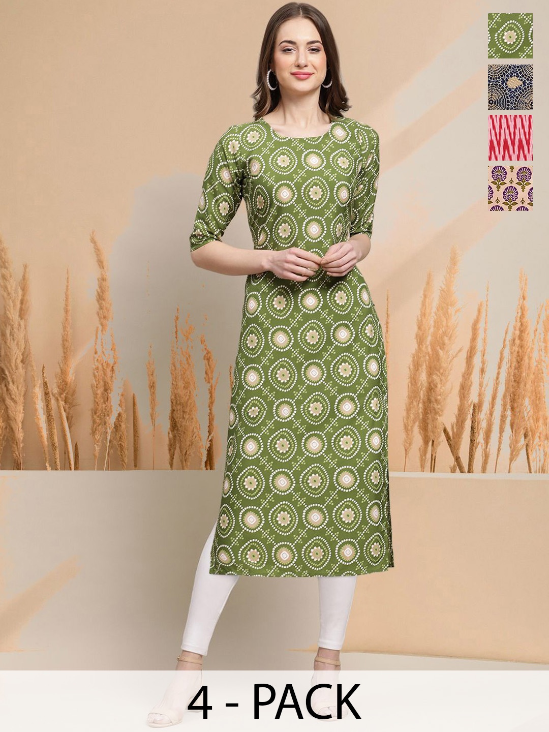 

7Threads Selection Of 4 Floral Printed Round Neck Straight Kurtas, Green