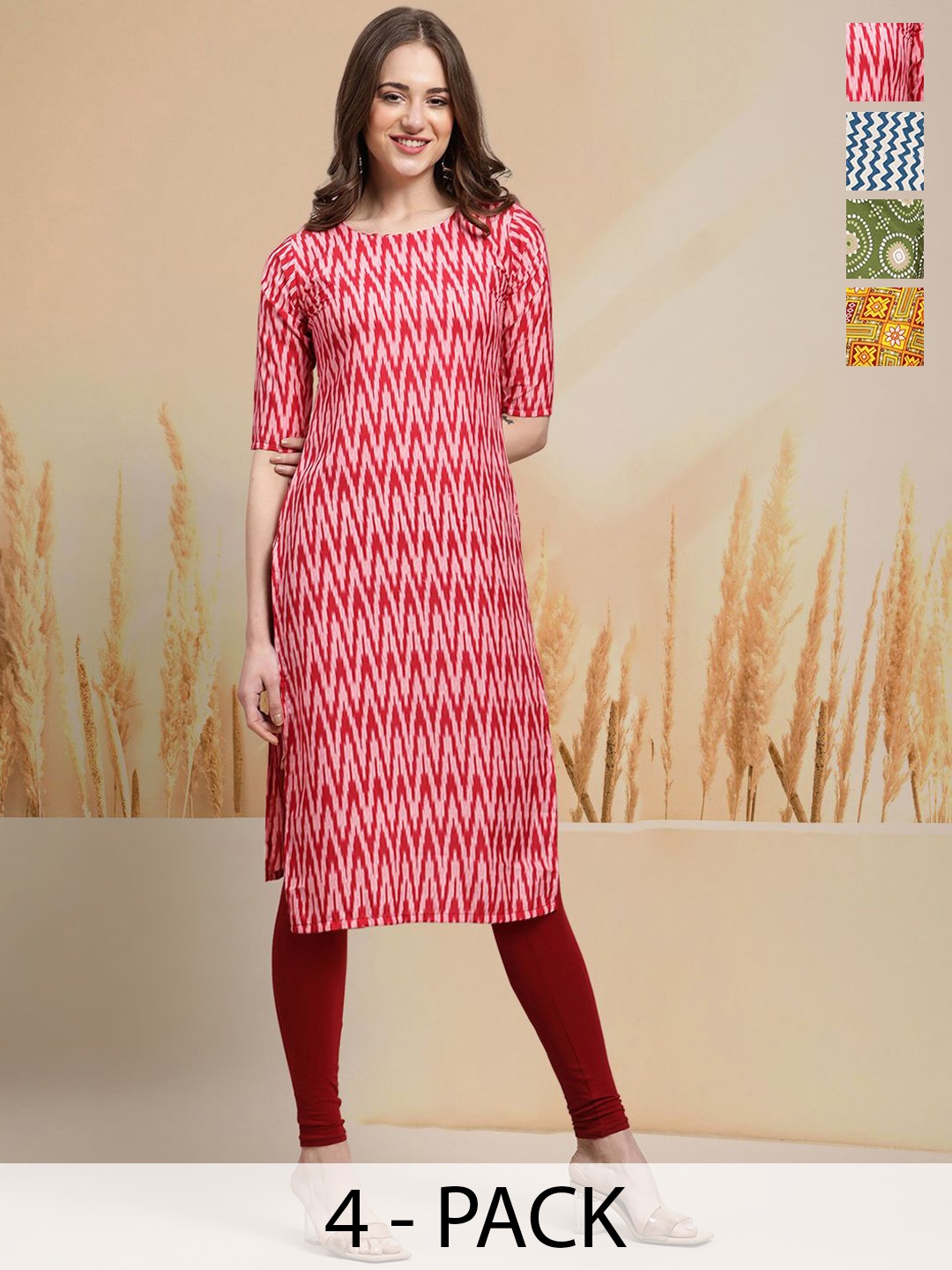 

7Threads Selection of 4 Ethnic Motifs Printed Round Neck Straight Kurtas, Red