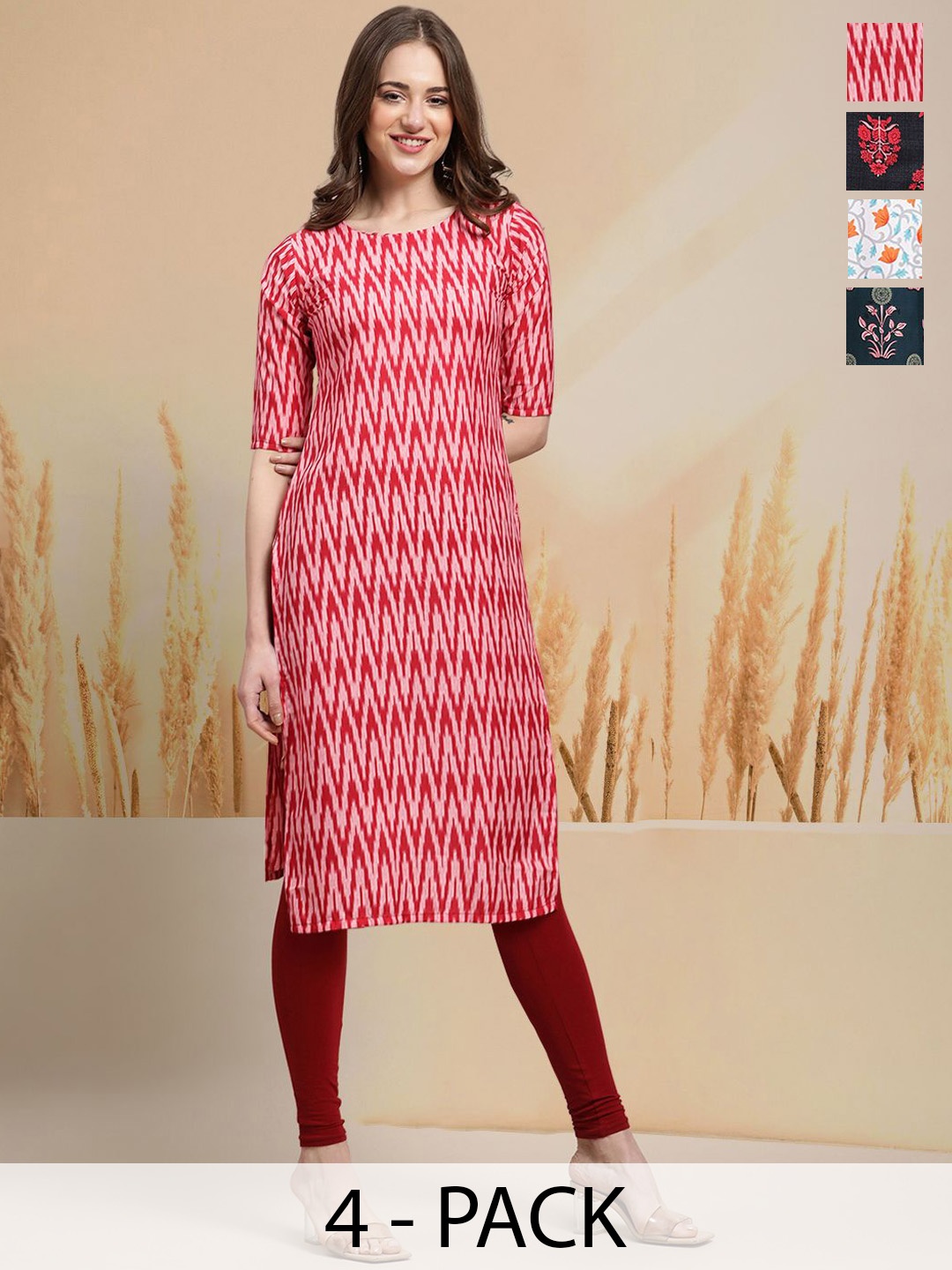 

7Threads Selection Of 4 Chevron Printed Round Neck Straight Kurtas, Red