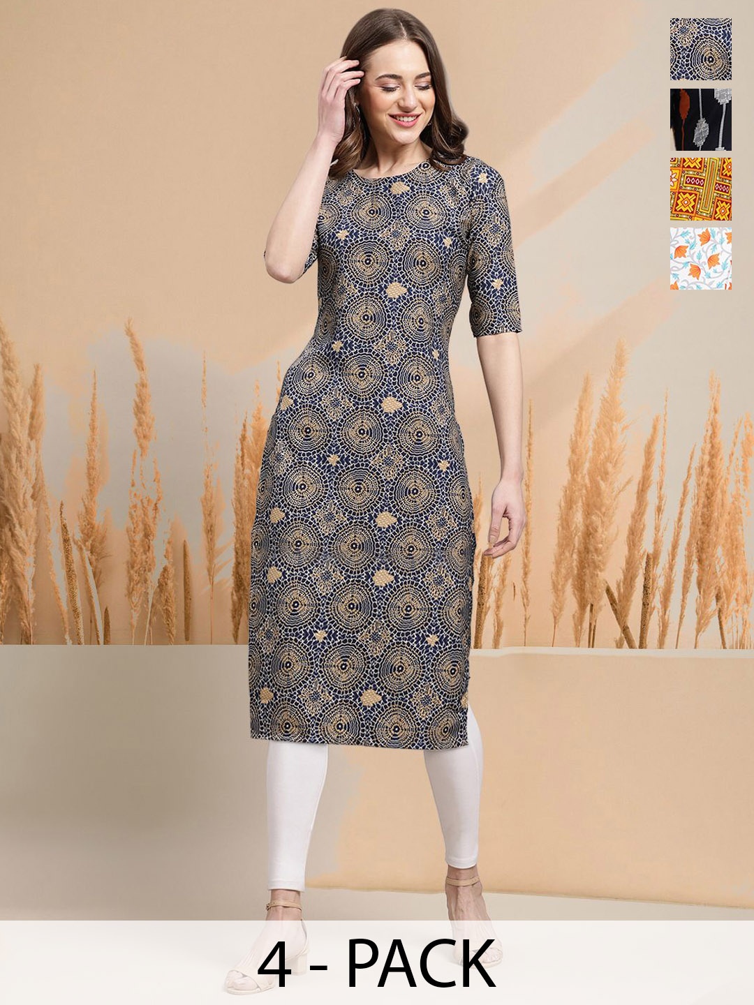 

7Threads Selection Of 4 Geometric Printed Round Neck Straight Kurtas, Blue