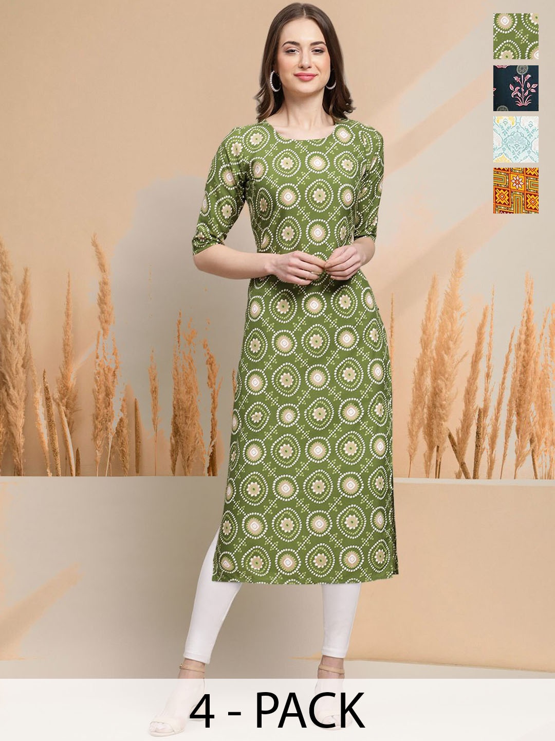 

7Threads Selection Of 4 Geometric Printed Round Neck Straight Kurtas, Green