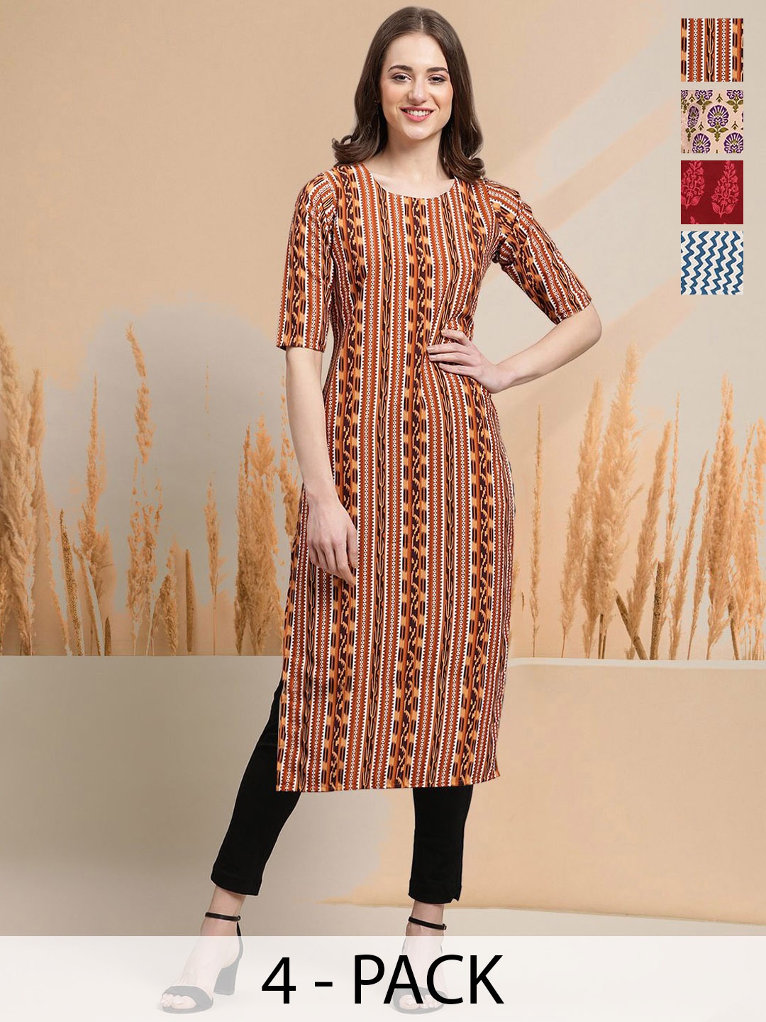 

7Threads Selection Of 4 Ethnic Motifs Printed Round Neck Straight Kurtas, Red