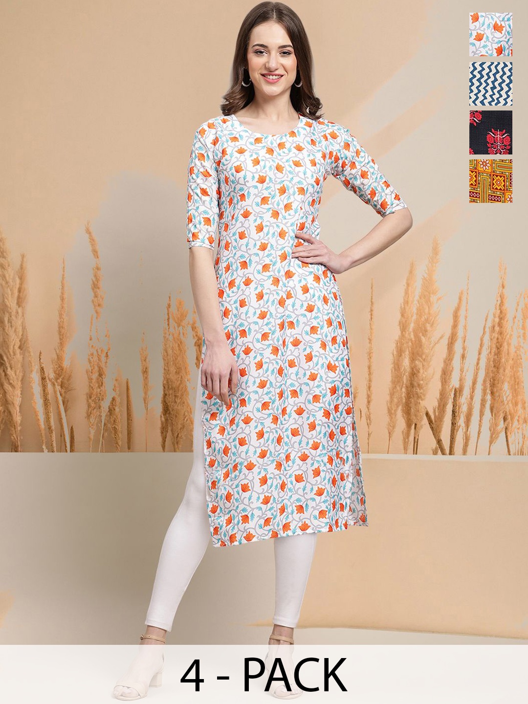 

7Threads Selection Of 4 Floral Printed Round Neck Straight Kurtas, White