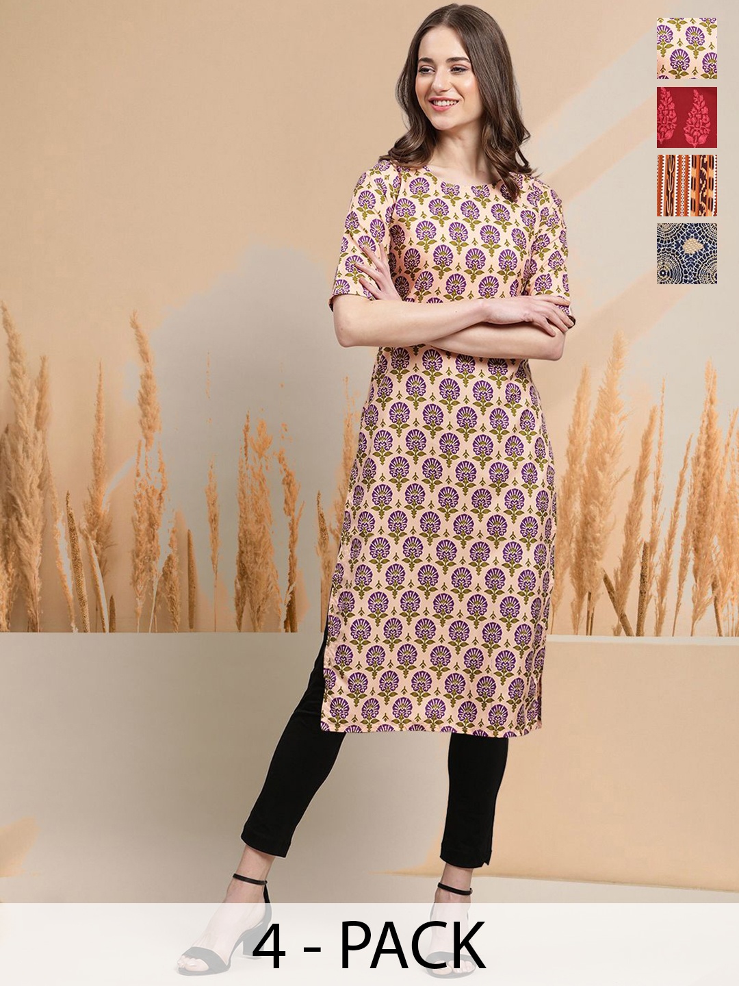 

7Threads Selection Of 4 Floral Printed Round Neck Straight Kurtas, Cream