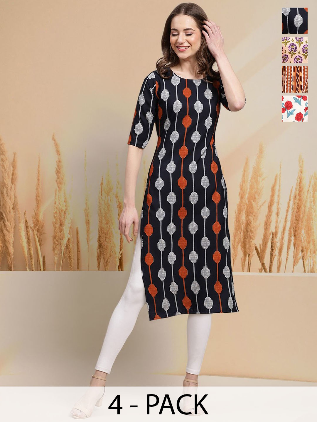 

7Threads Selection Of 4 Geometric Printed Round Neck Straight Kurtas, Black