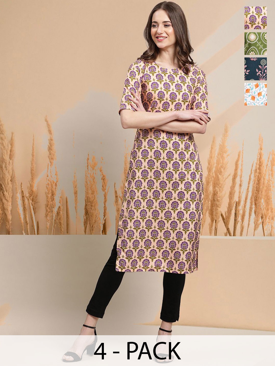 

7Threads Selection of 4 Floral Printed Round Neck Straight Kurtas, Pink
