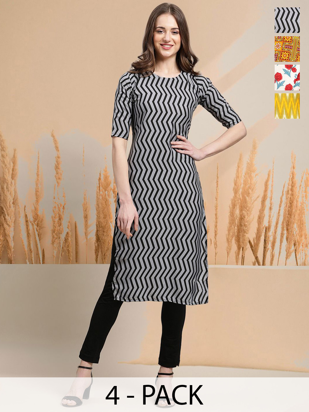 

7Threads Selection of 4 Striped Round Neck Straight Kurtas, Black