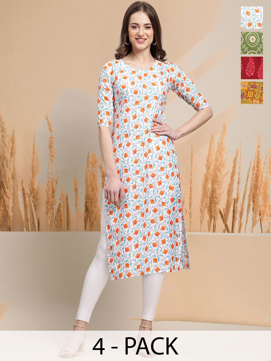 

7Threads Selection of 4 Floral Printed Round Neck Straight Kurtas, White