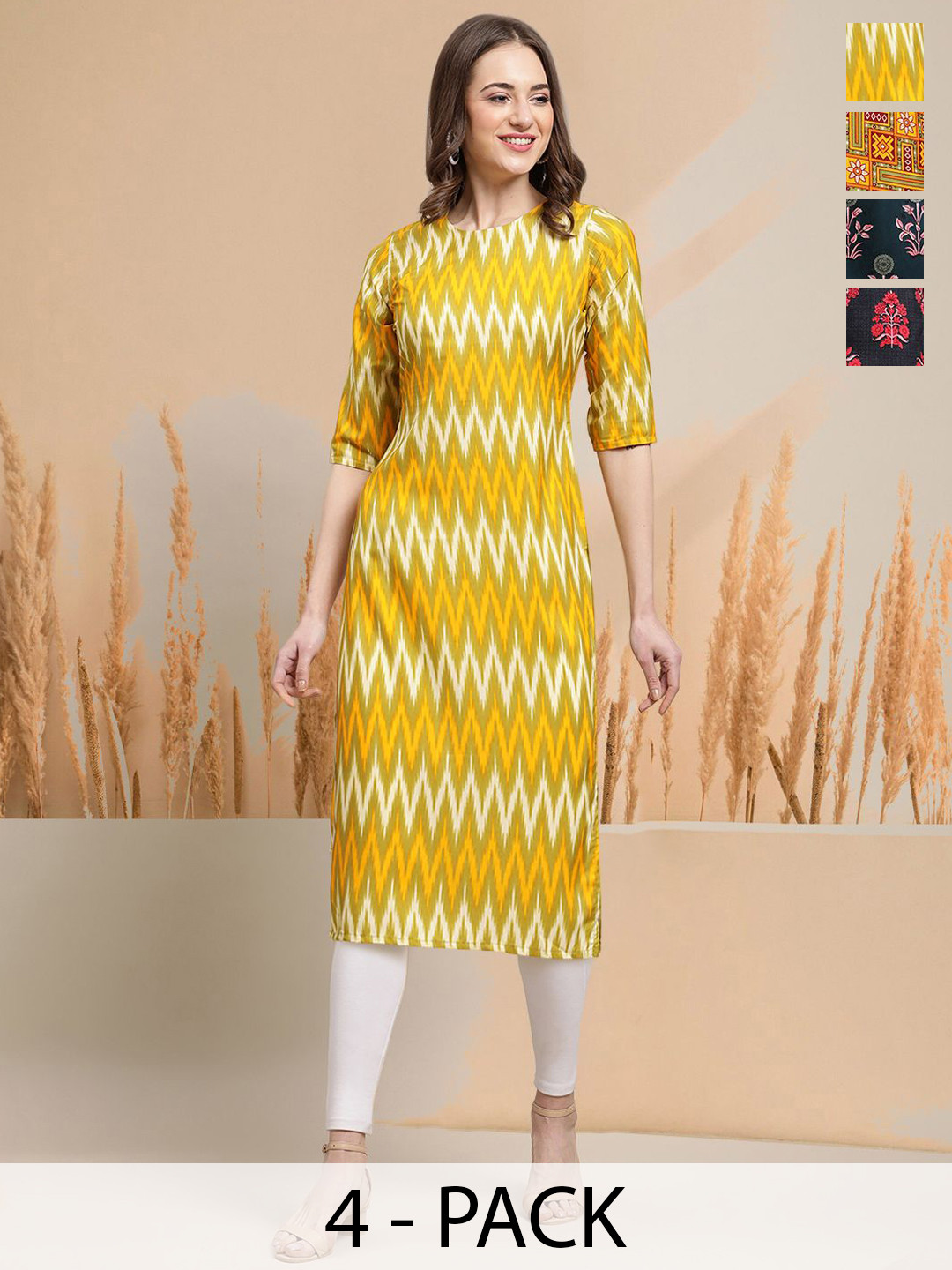 

7Threads Selection Of 4 Chevron Printed Round Neck Straight Kurtas, Olive