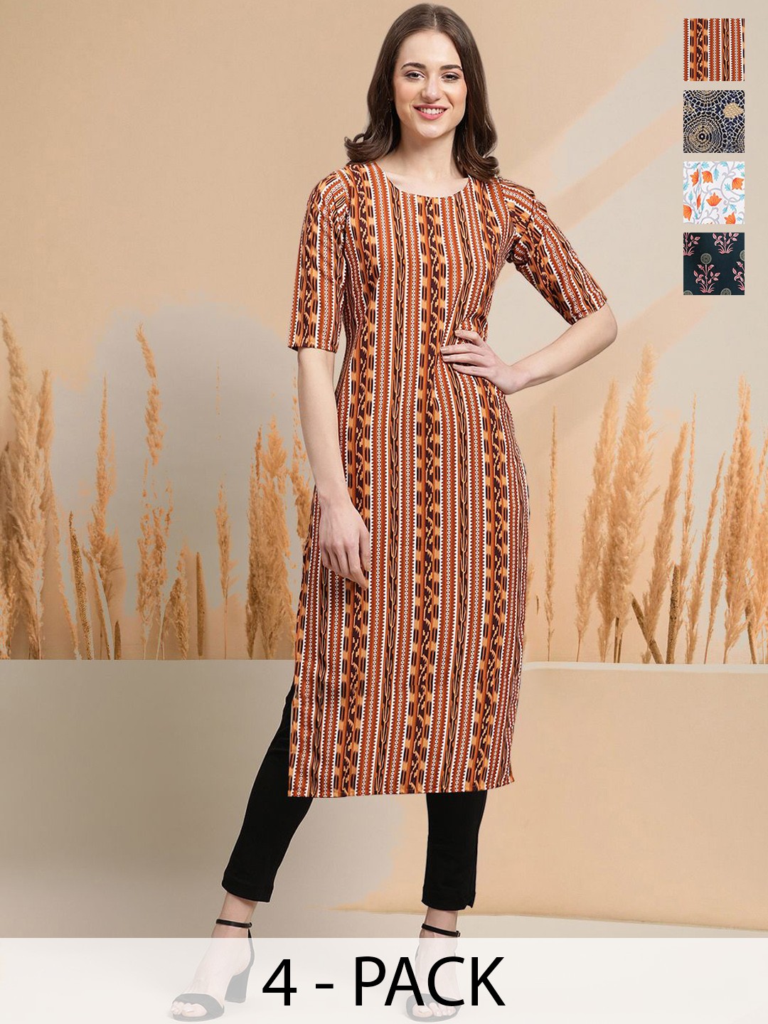 

7Threads Selection of 4 Geometric Printed Round Neck Straight Kurtas, Brown