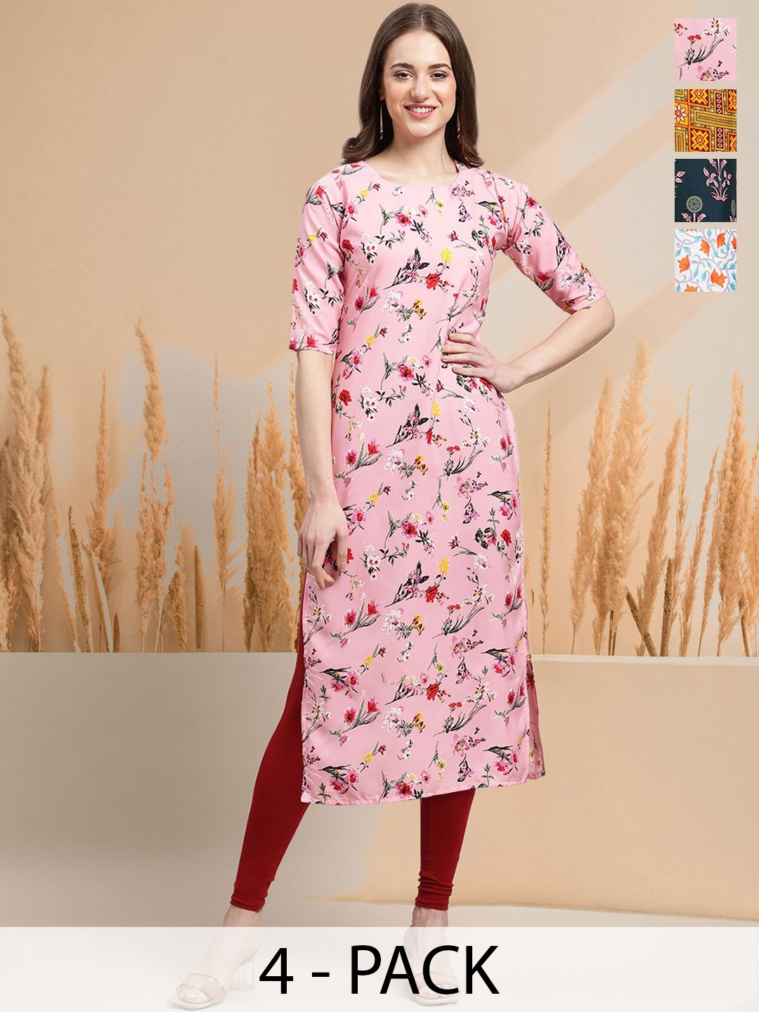 

7Threads Selection Of 4 Floral Printed Round Neck Straight Kurtas, Pink