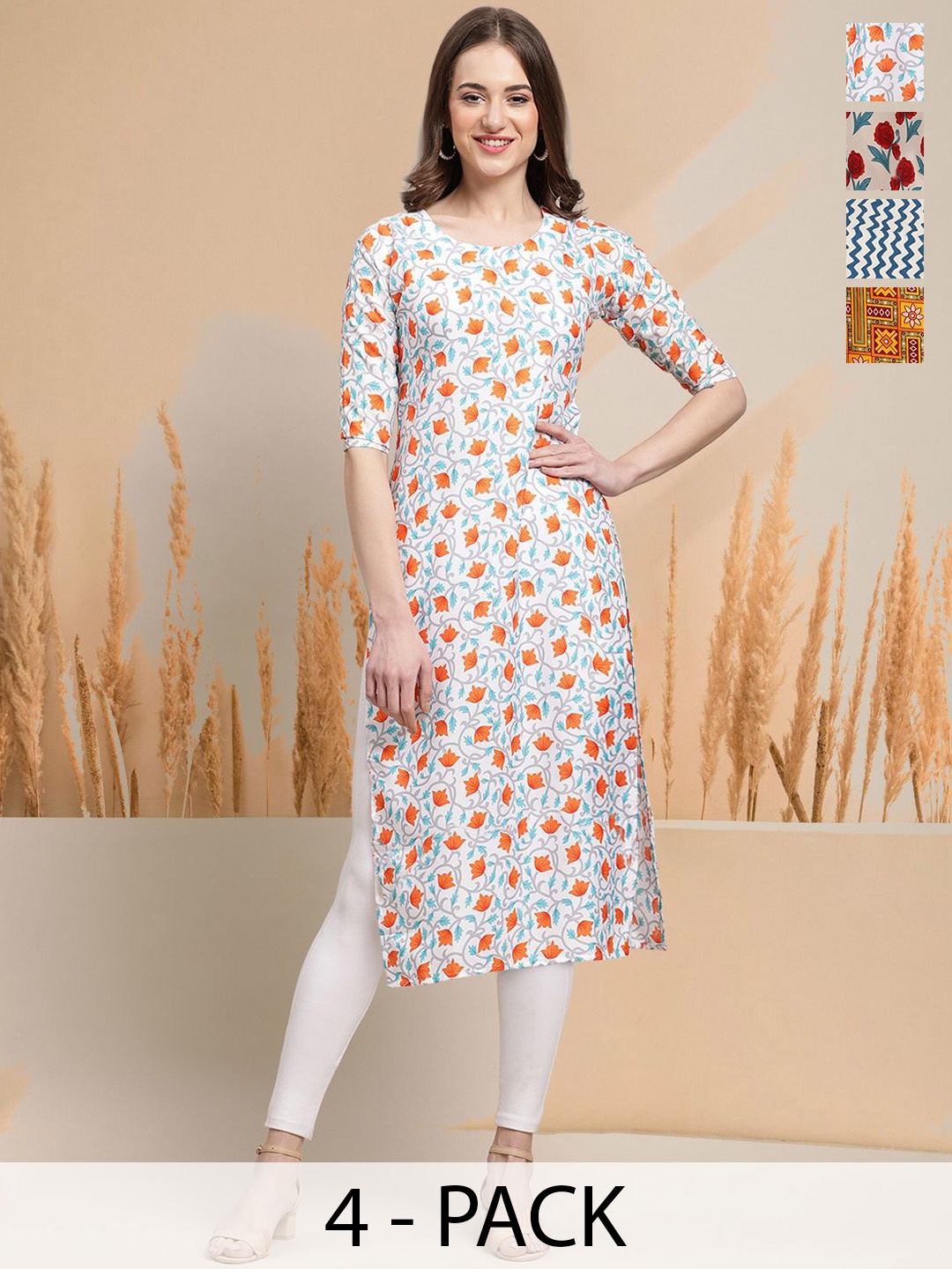 

7Threads Selection Of 4 Floral Printed Round Neck Straight Kurtas, Pink