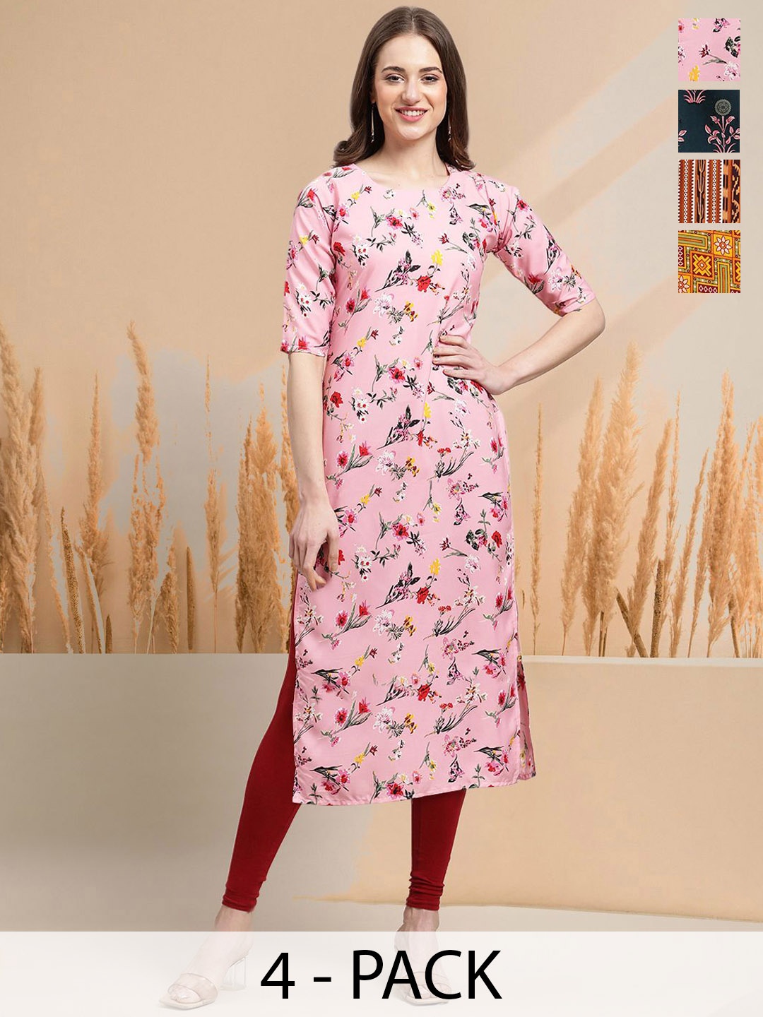 

7Threads Selection Of 4 Floral Printed Round Neck Straight Kurtas, Pink