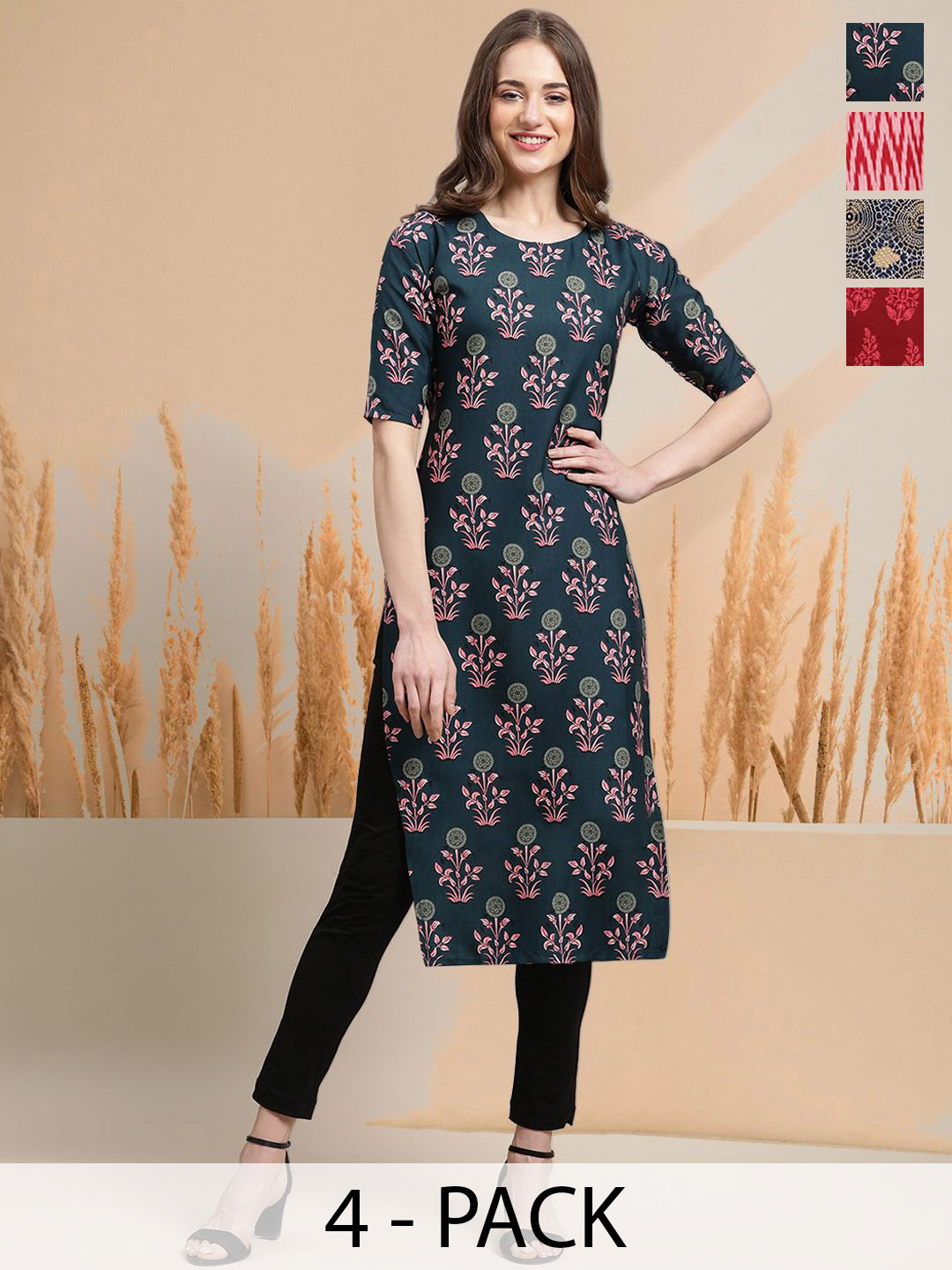 

7Threads Selection of 4 Floral Printed Round Neck Straight Kurtas, Green