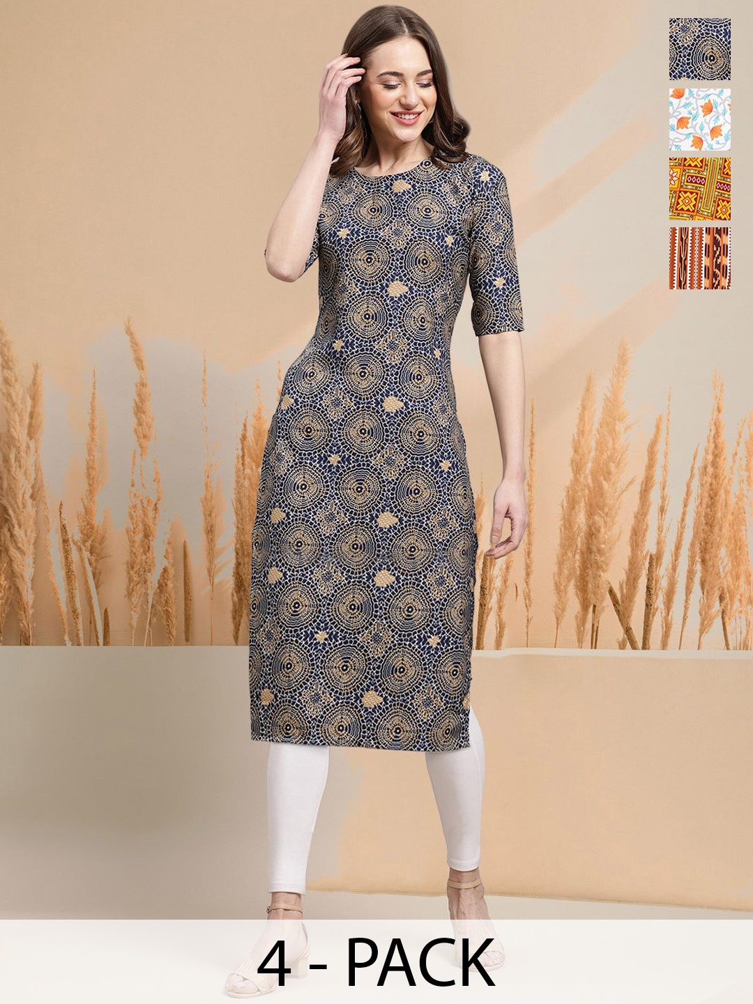 

7Threads Selection of 4 Floral Printed Round Neck Straight Kurtas, Olive