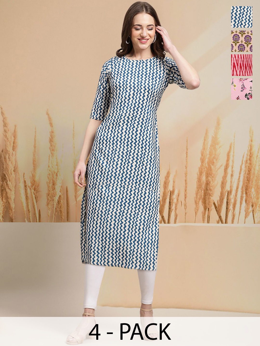 

7Threads Selection Of 4 Geometric Printed Straight Kurtas, White