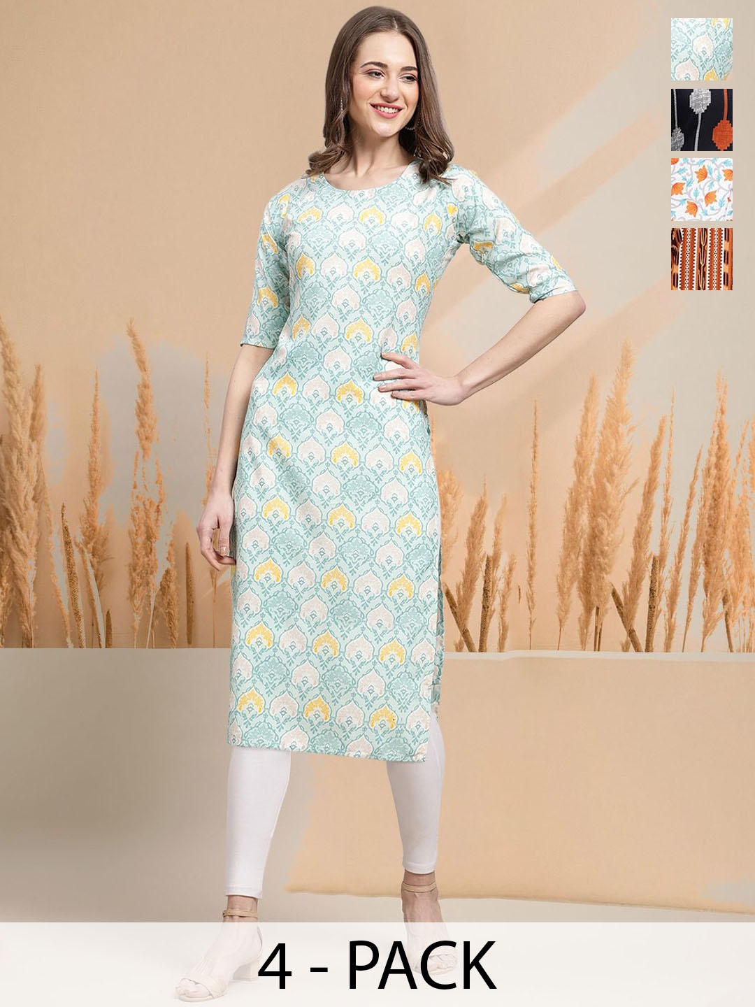 

7Threads Selection Of 4 Ethnic Motifs Printed Round Neck Straight Kurtas, White