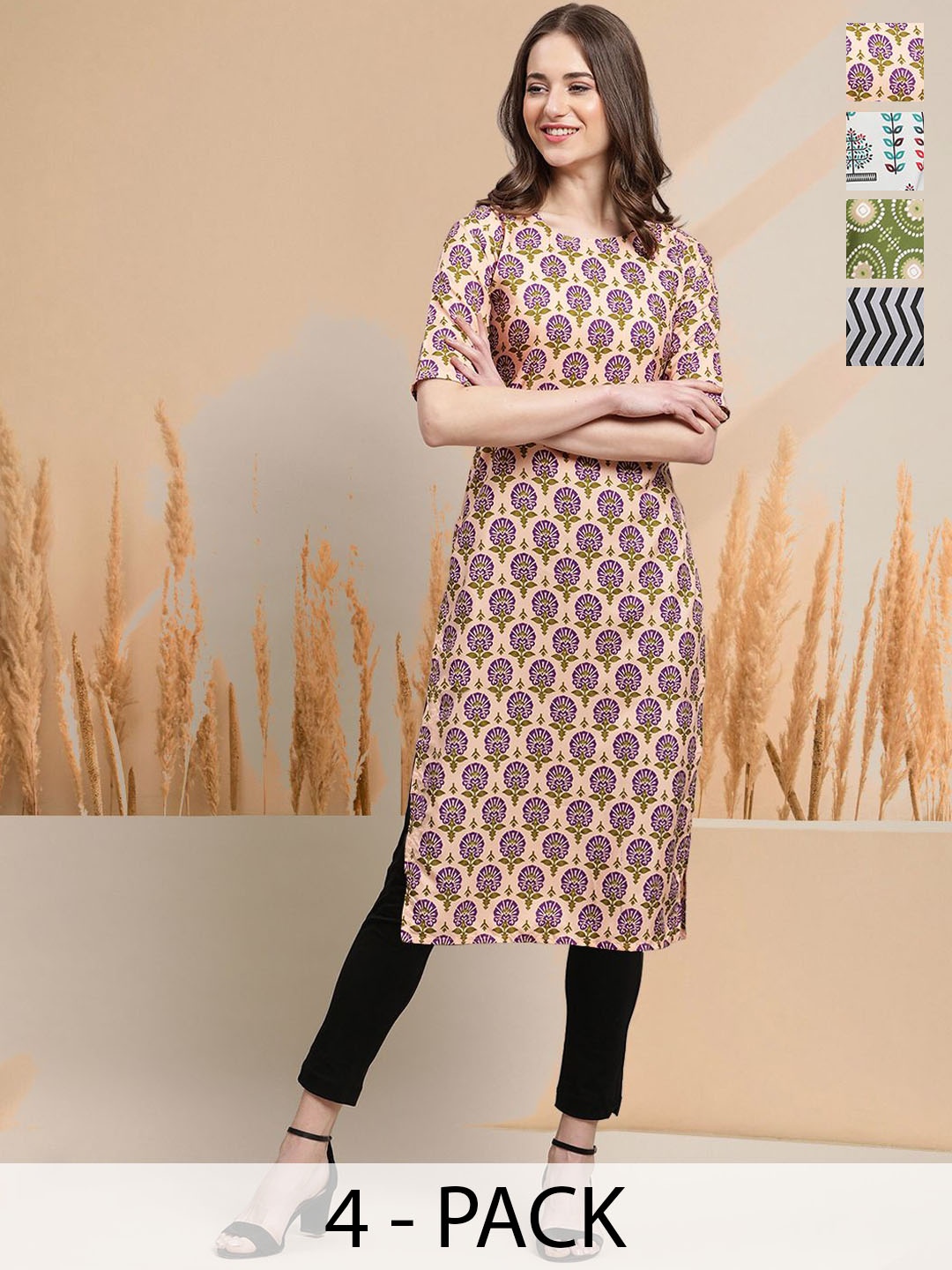 

7Threads Selection Of 4 Ethnic Motifs Printed Round Neck Straight Kurtas, Peach