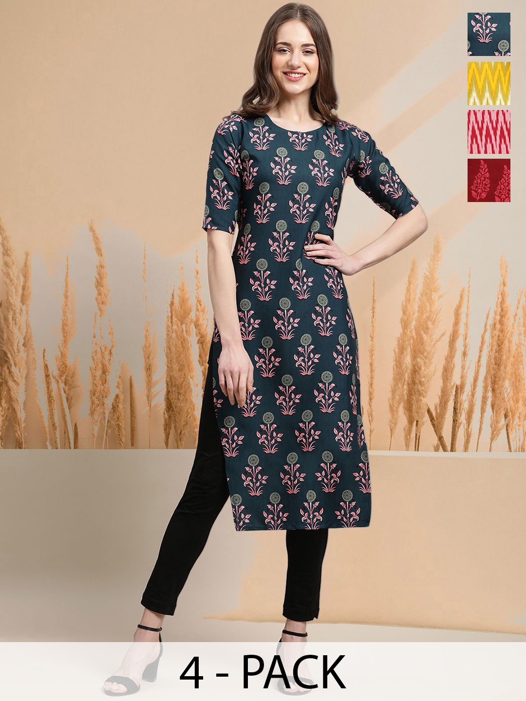 

7Threads Selection Of 4 Floral Printed Round Neck Straight Kurtas, Green