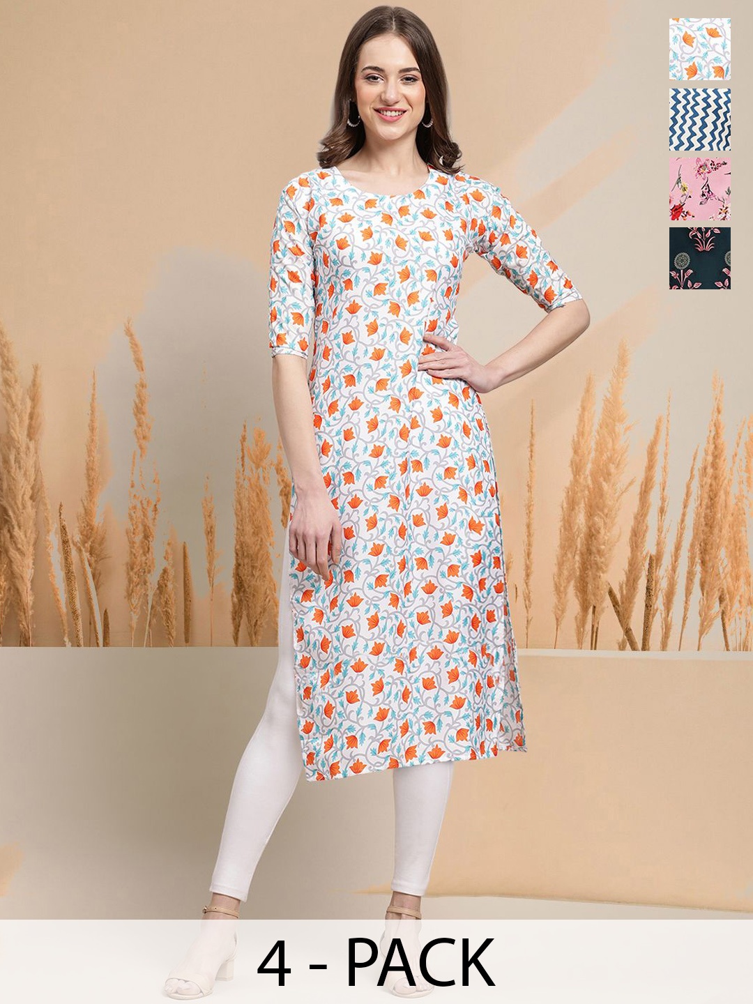 

7Threads Selection Of 4 Floral Printed Round Neck Straight Kurtas, Pink