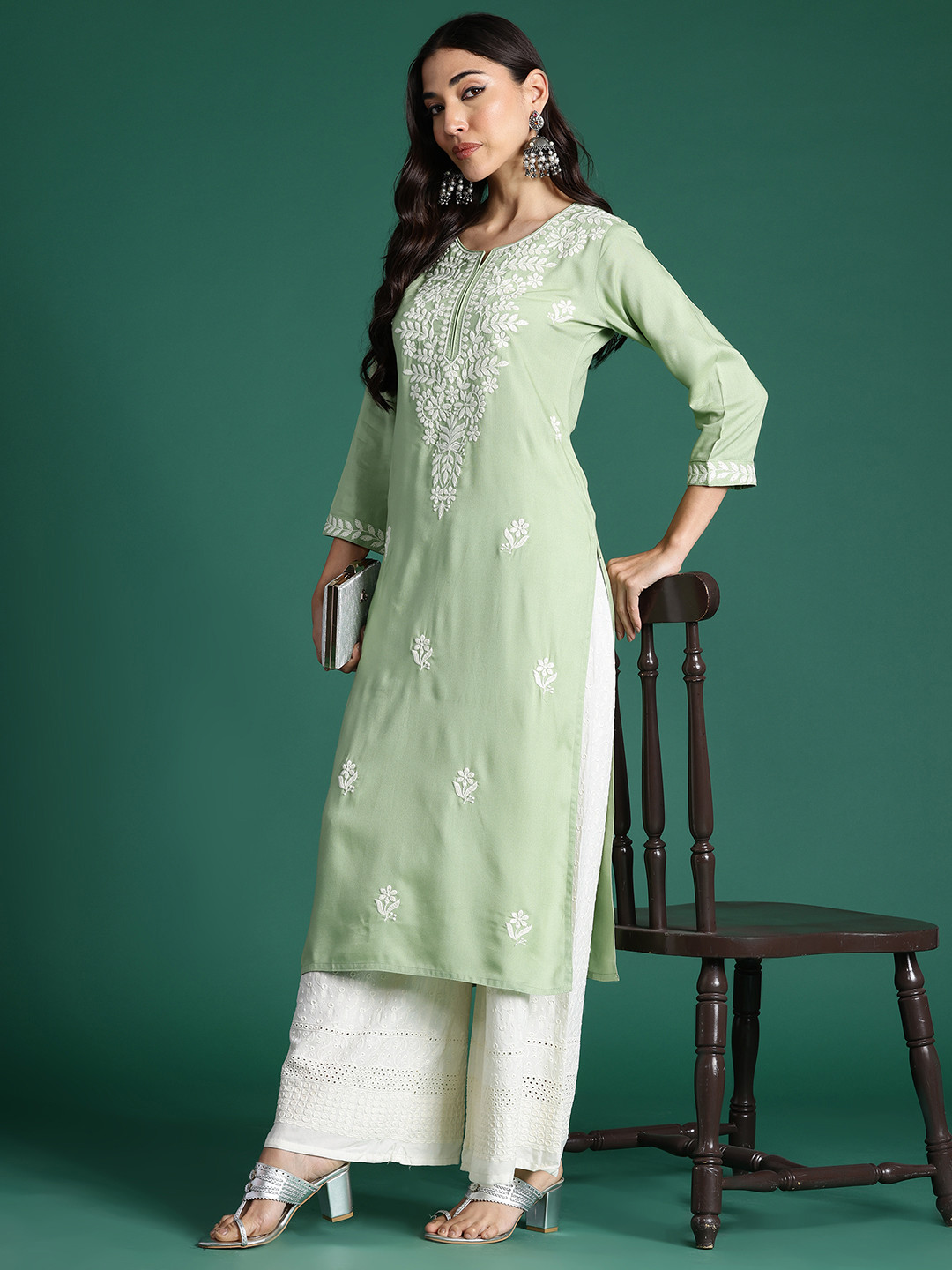 

Indo Era Ethnic Motifs Embroidered Thread Work Kurta, Green