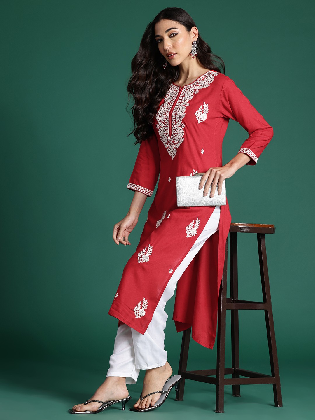 

Indo Era Ethnic Motifs Embroidered Thread Work Kurta, Red