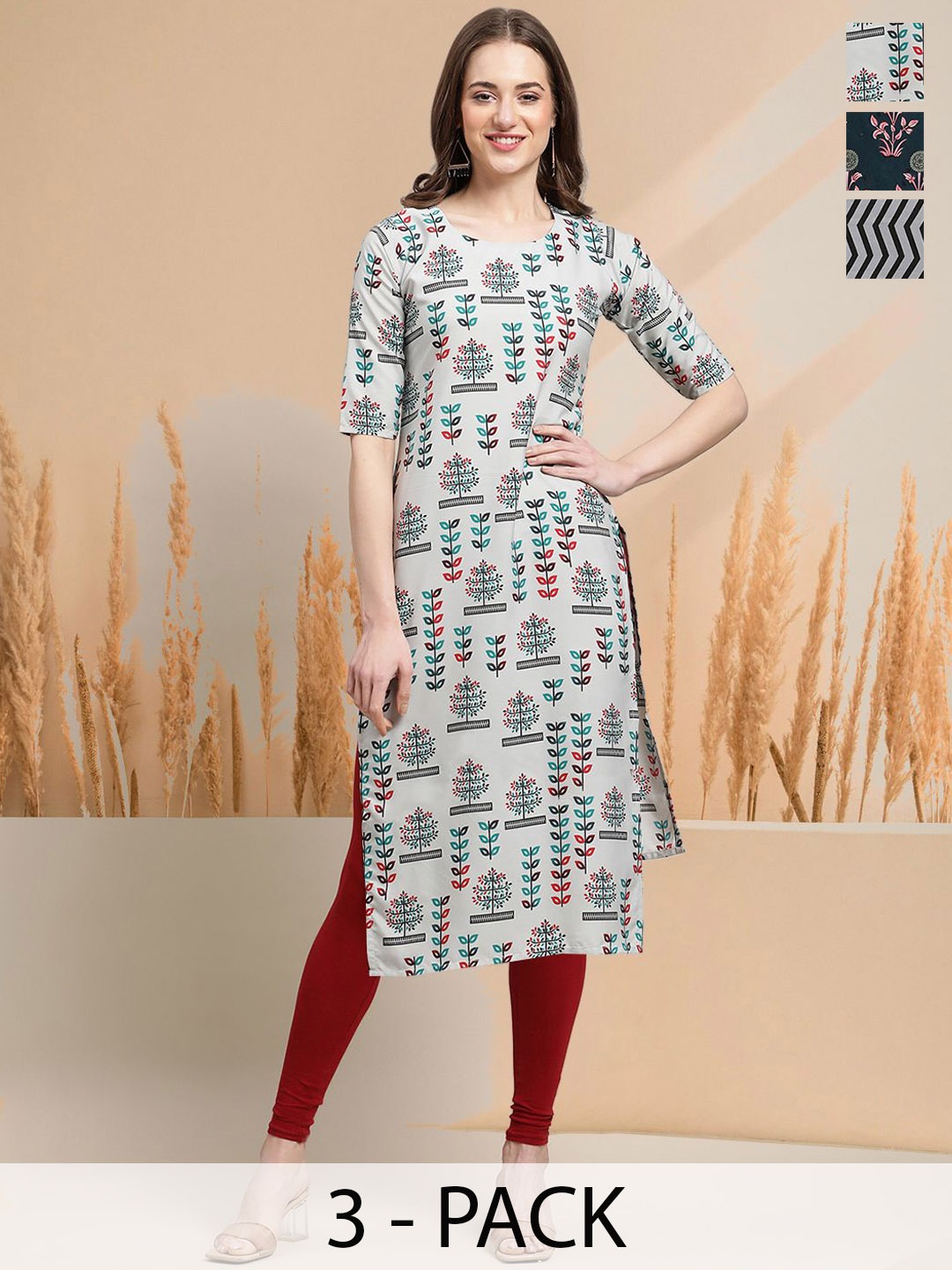

7Threads Selection Of 4 Ethnic Motifs Printed Round Neck Straight Kurtas, Grey