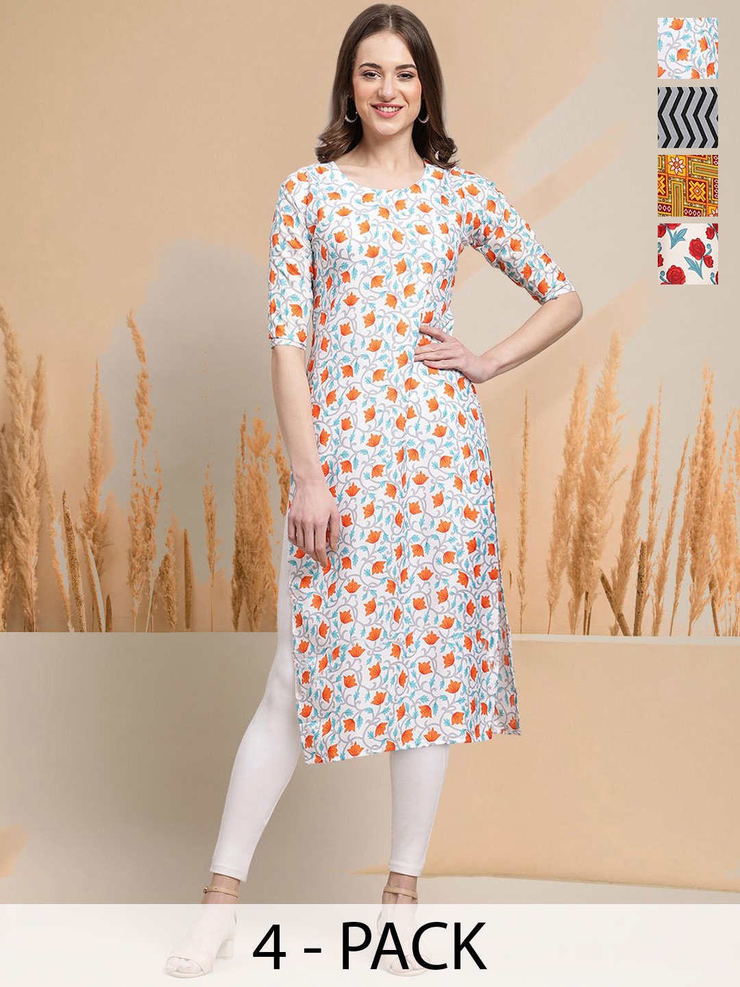 

7Threads Selection Of 4 Geometric Printed Round Neck Straight Kurtas, White