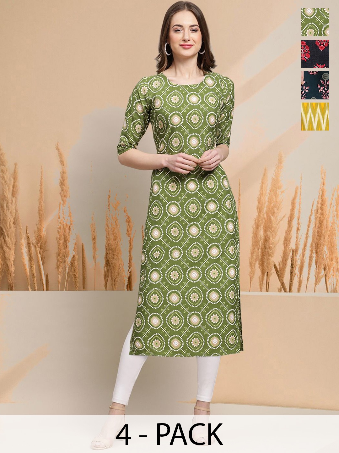 

7Threads Selection of 4 Ethnic Motifs Printed Round Neck Straight Kurtas, Green