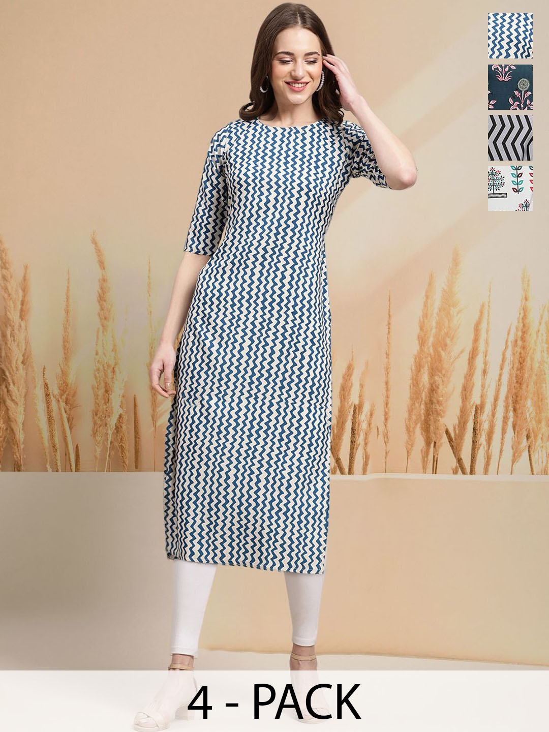 

7Threads Selection Of 4 Floral Printed Round Neck Straight Kurtas, Teal