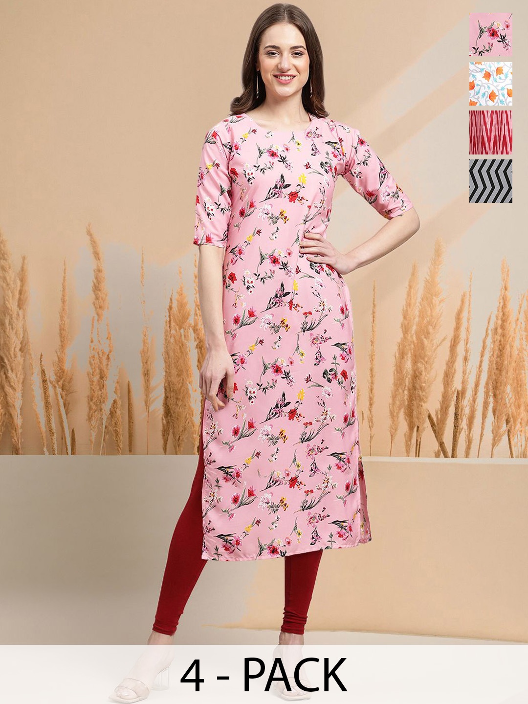 

7Threads Selection Of 4 Floral Printed Round Neck Straight Kurtas, Pink