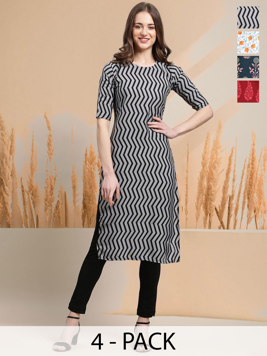 

7Threads Selection of 4 Chevron Printed Round Neck Straight Kurtas, Grey