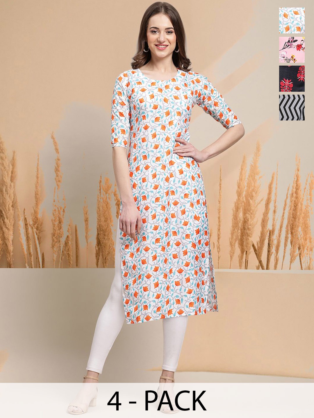 

7Threads Selection Of 4 Floral Printed Round Neck Straight Kurtas, Pink