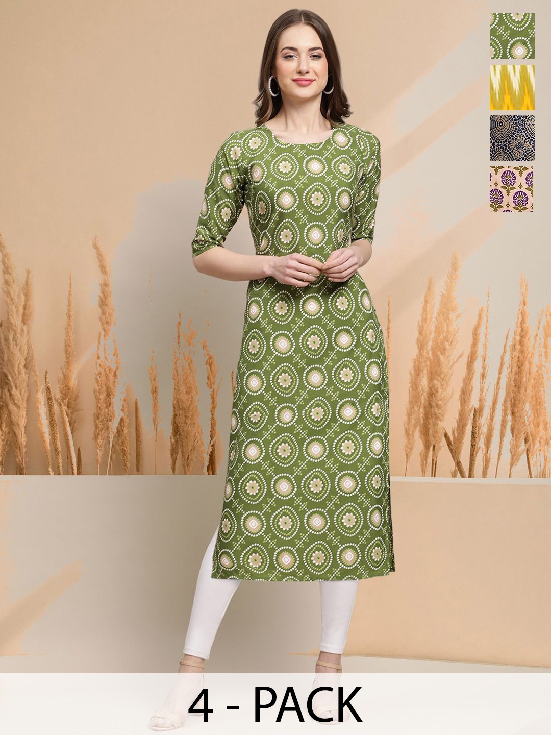 

7Threads Selection Of 4 Ethnic Motifs Printed Round Neck Kurtas, Green