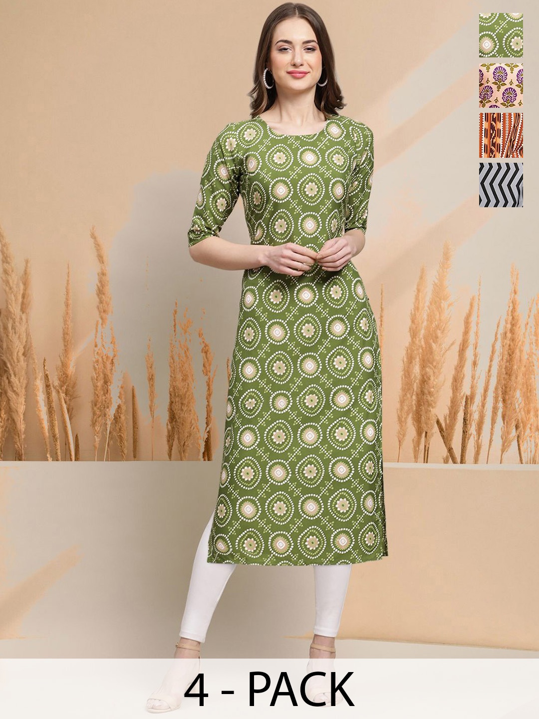 

7Threads Selection Of 4 Ethnic Motifs Printed Round Neck Straight Kurtas, Green