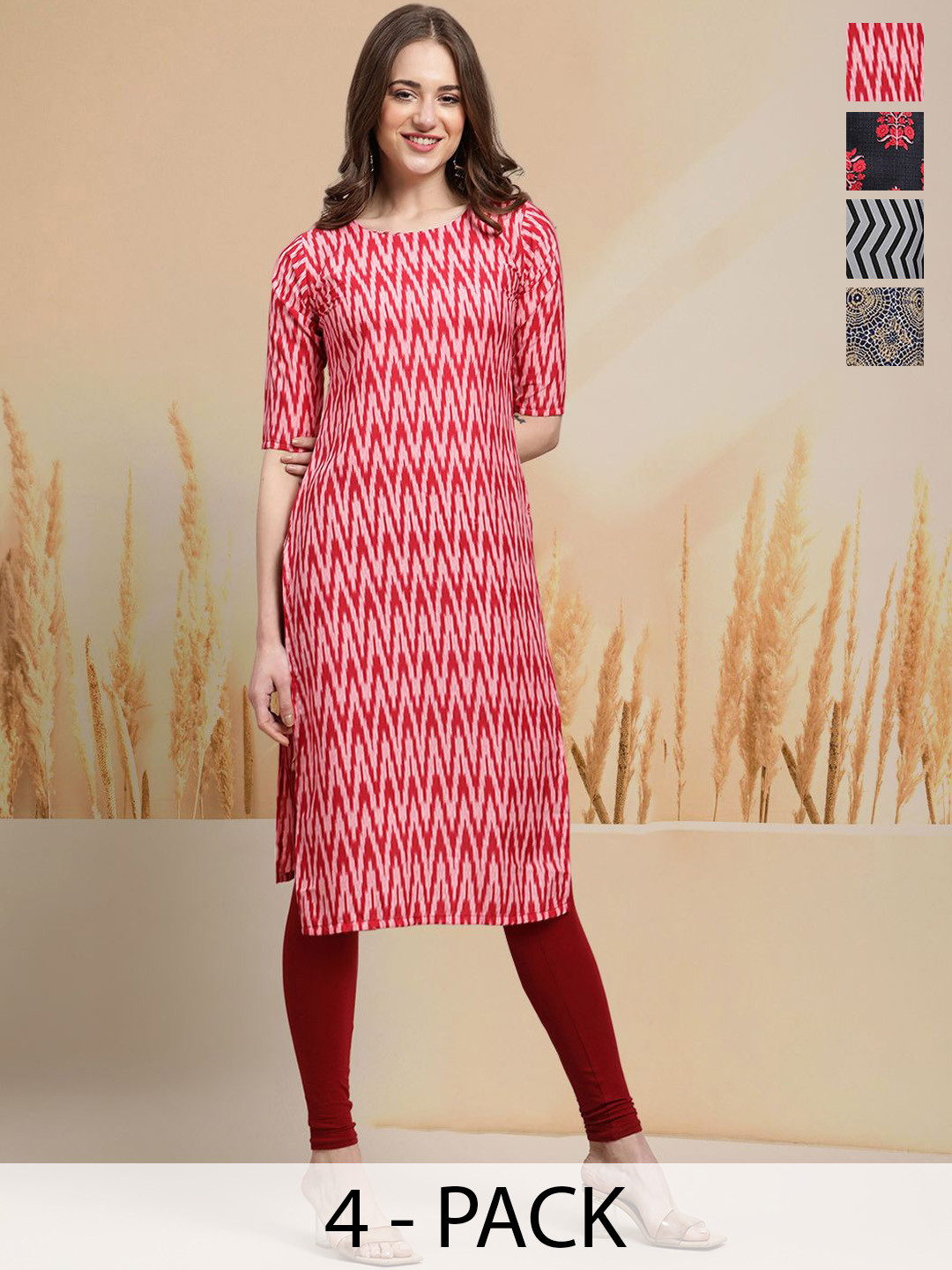 

7Threads Selection Of 4 Chevron Printed Straight Kurtas, Grey