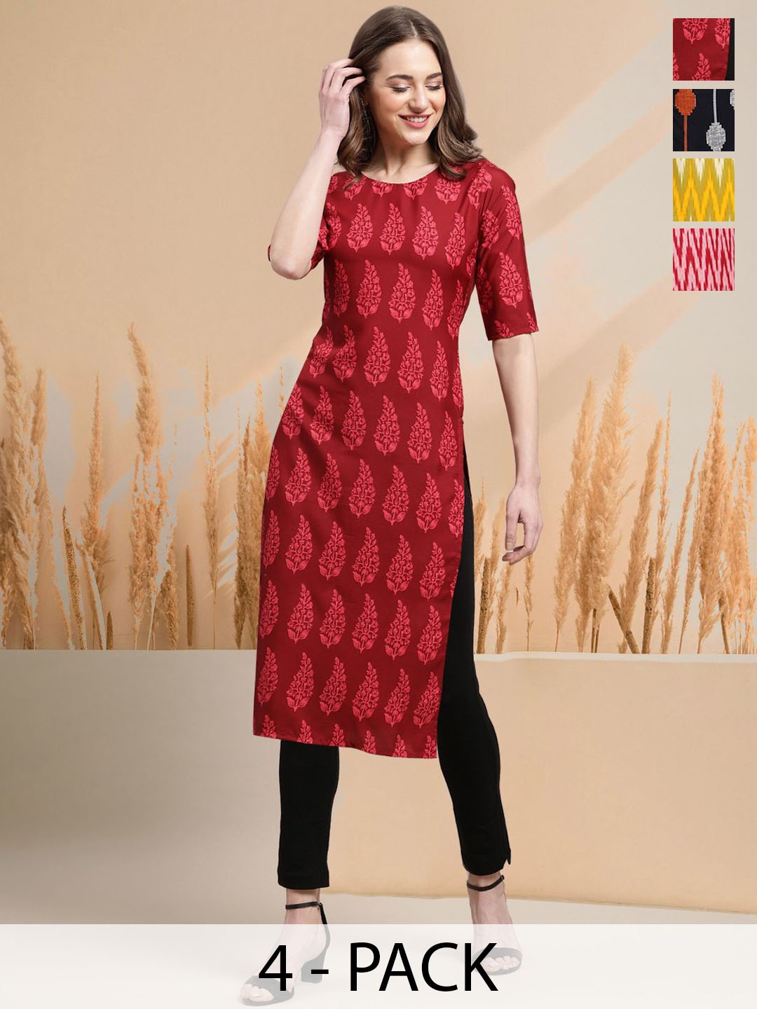 

7Threads Selection of 4 Floral Printed Round Neck Straight Kurtas, Red