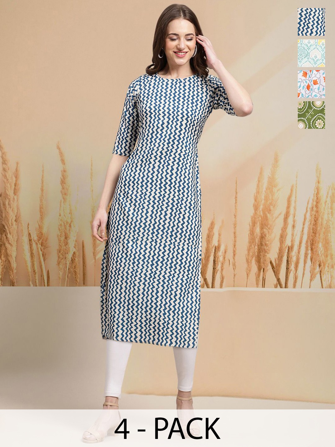 

7Threads Selection Of 4 Chevron Printed Round Neck Kurtas, White