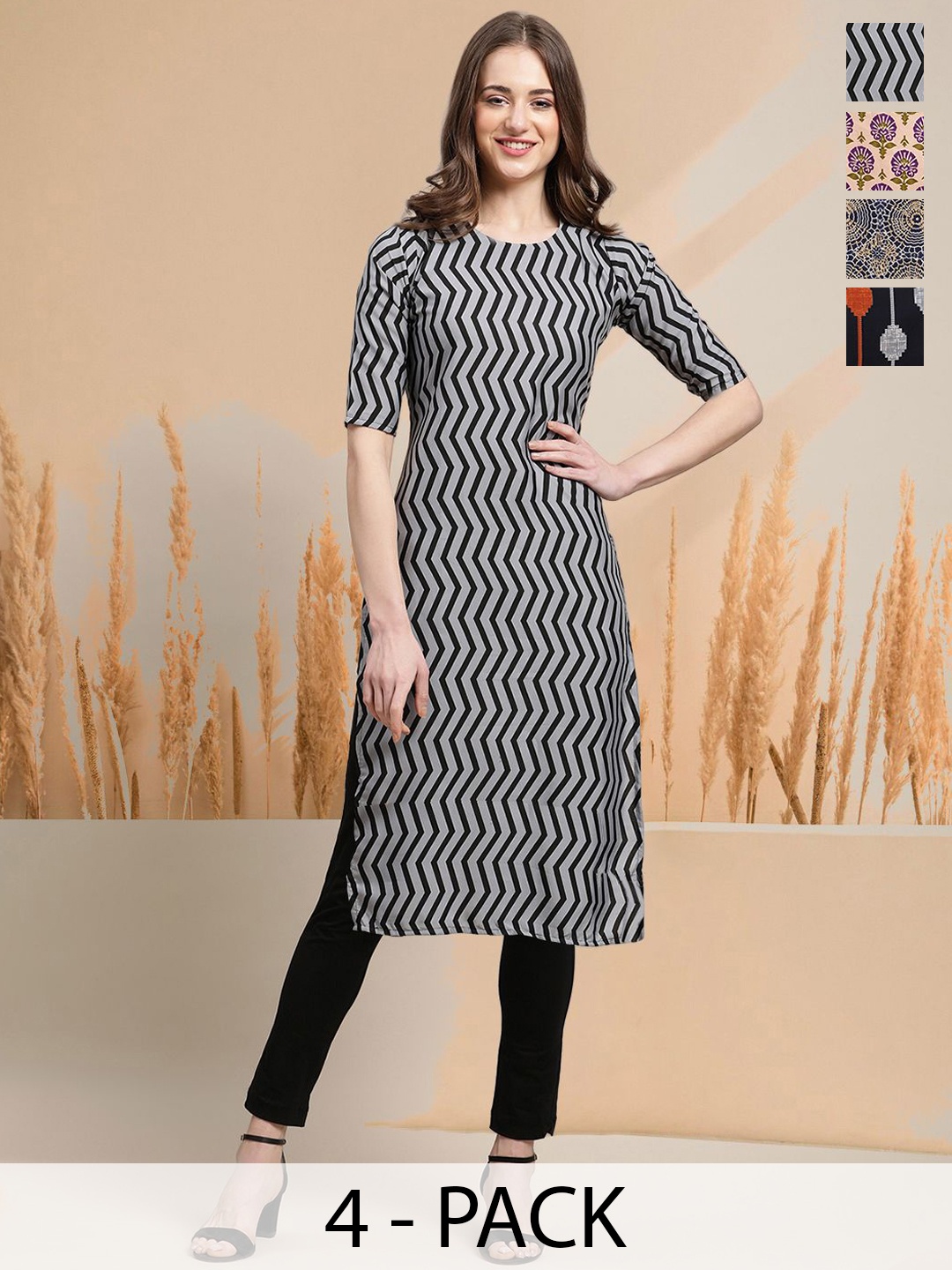 

7Threads Selection Of 4 Chevron Printed Round Neck Straight Kurtas, Beige