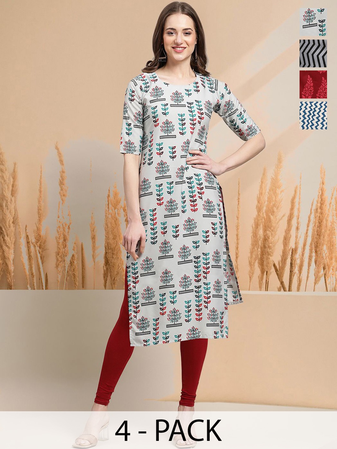 

7Threads Selection Of 4 Floral Printed Round Neck Straight Kurtas, Black