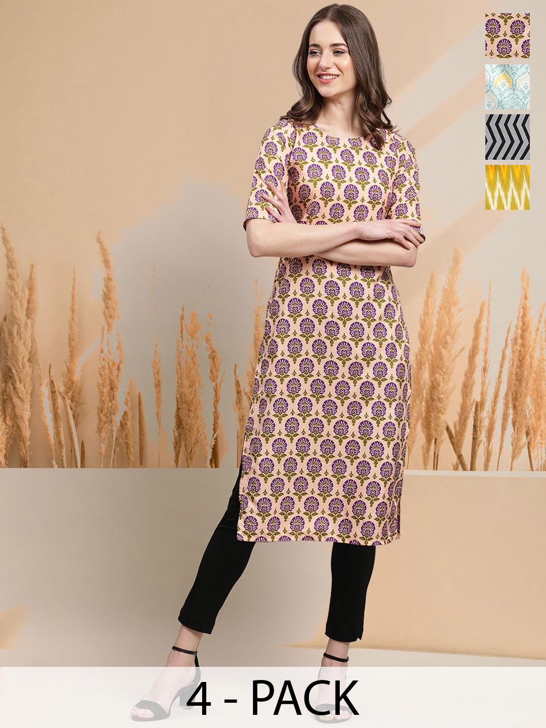 

7Threads Selection of 4 Ethnic Motifs Printed Round Neck Straight Kurtas, Purple