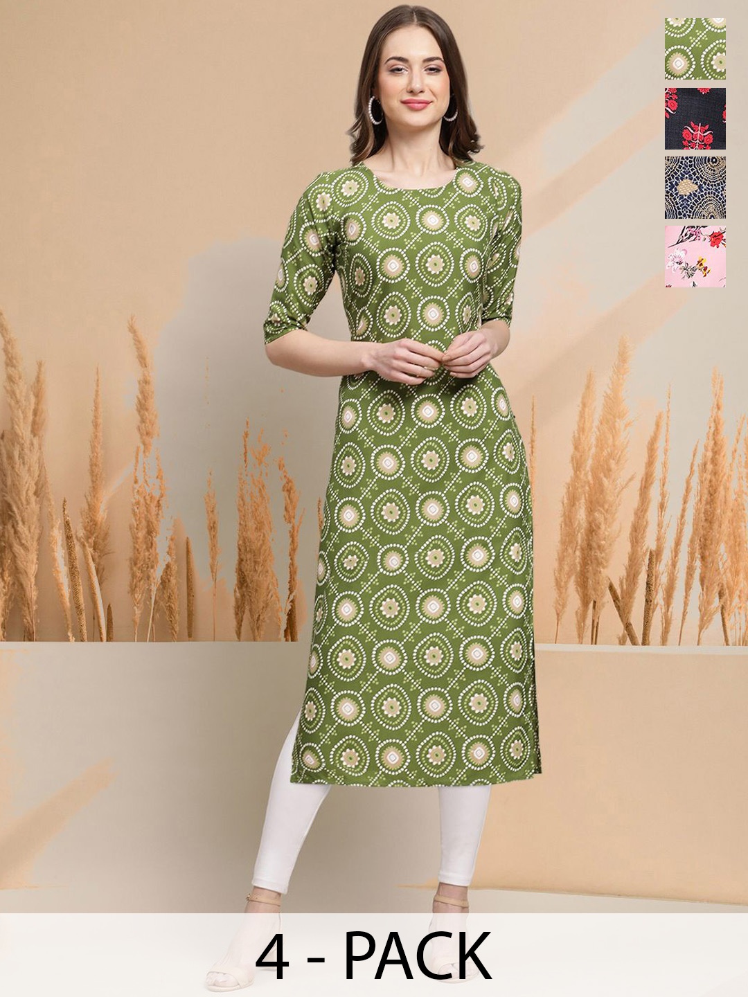 

7Threads Selection Of 4 Ethnic Motifs Printed Round Neck Straight Kurtas, Green