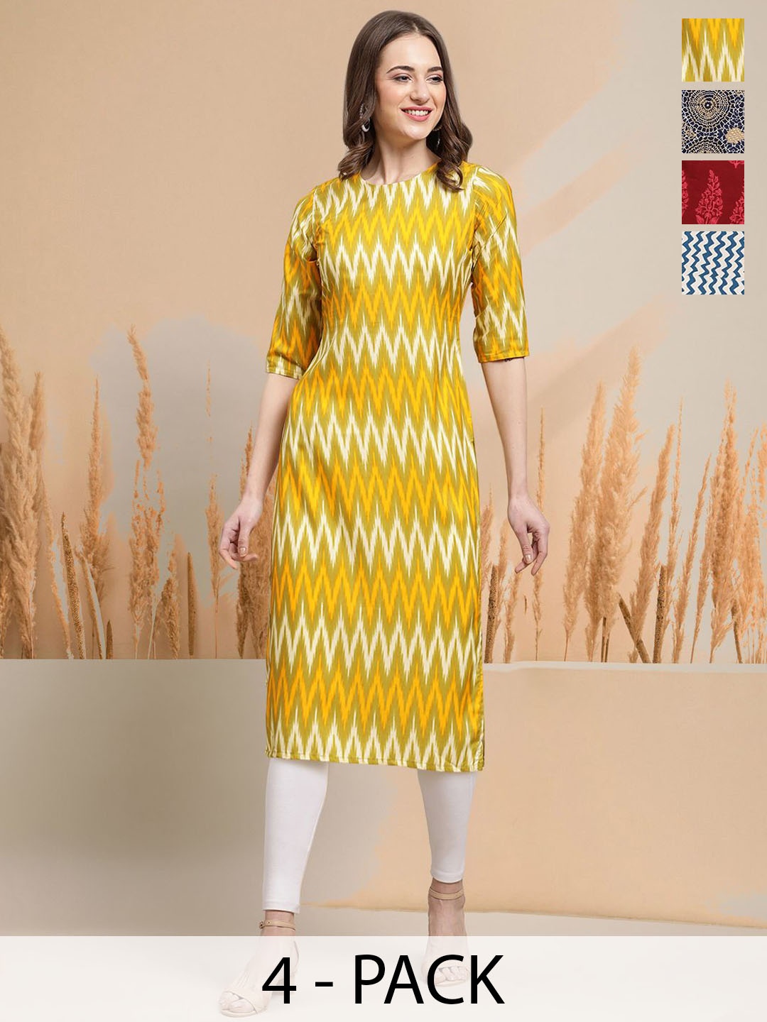 

7Threads Selection Of 4 Chevron Printed Round Neck Straight Kurtas, Mustard