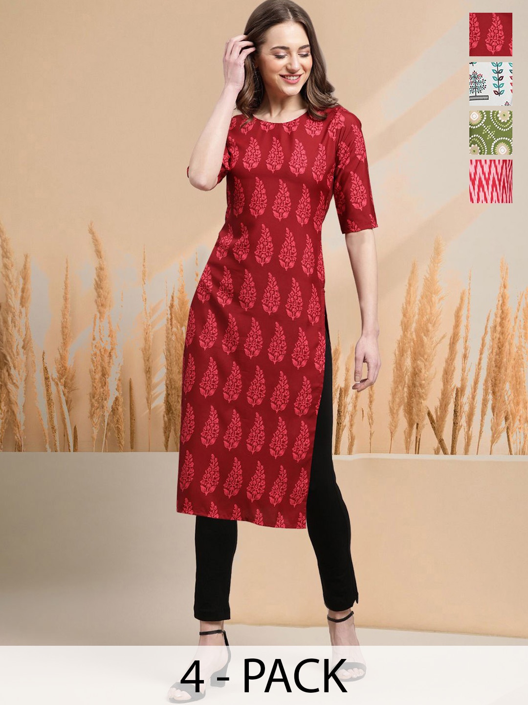 

7Threads Selection Of 4 Floral Printed Round Neck Kurtas, Red