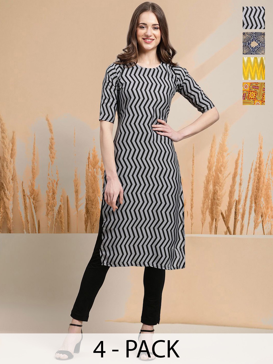 

7Threads Selection Of 4 Chevron Printed Round Neck Straight Kurtas, Grey