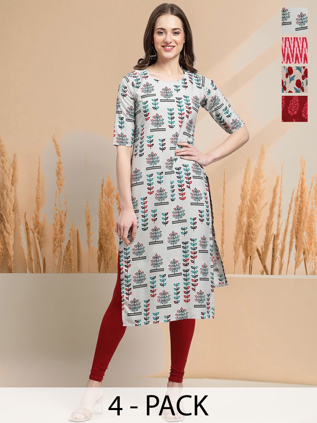 

7Threads Selection of 4 Floral Printed Round Neck Straight Kurtas, Grey