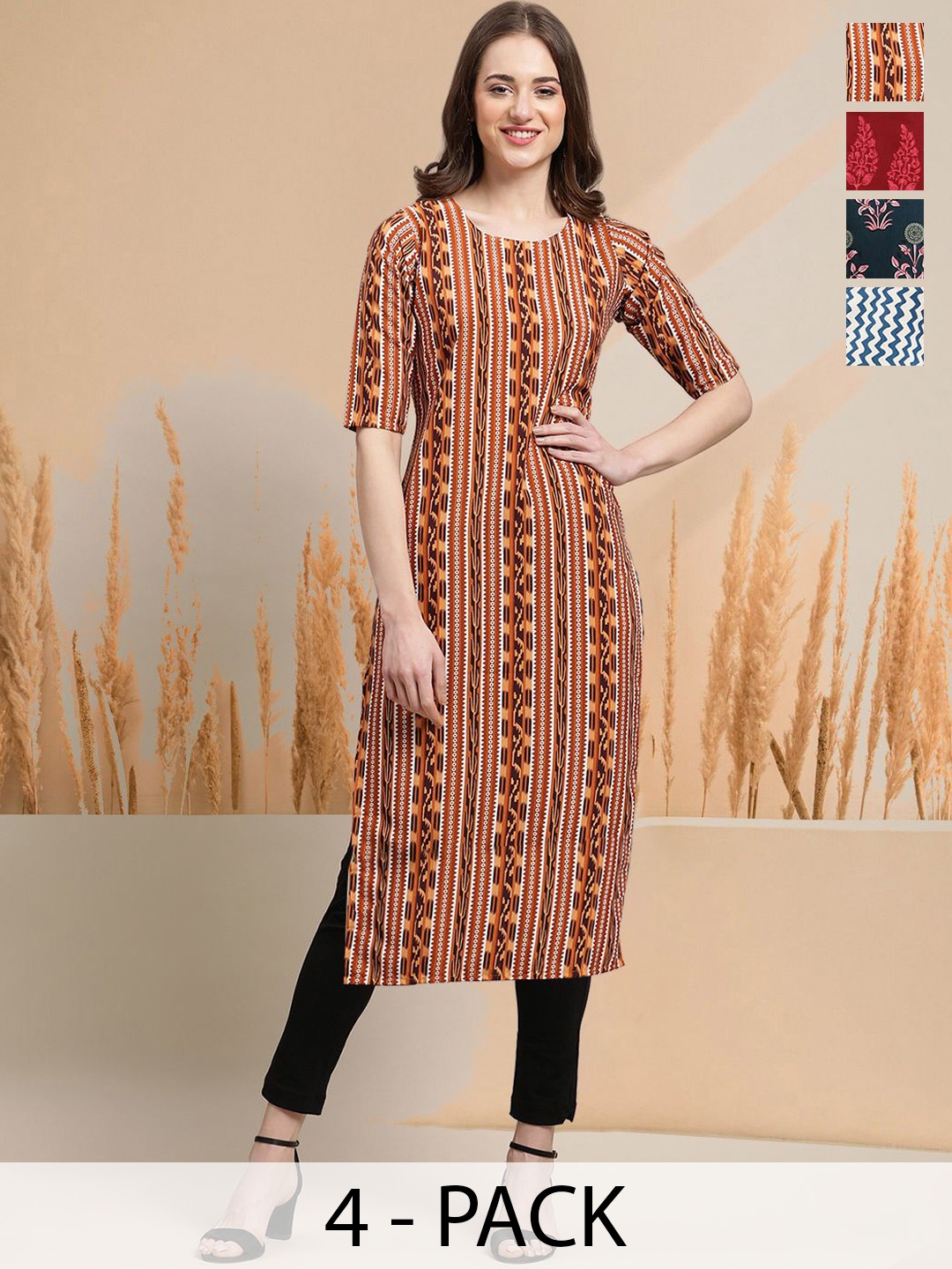 

7Threads Selection Of 4 Geometric Printed Round Neck Straight Kurtas, Brown