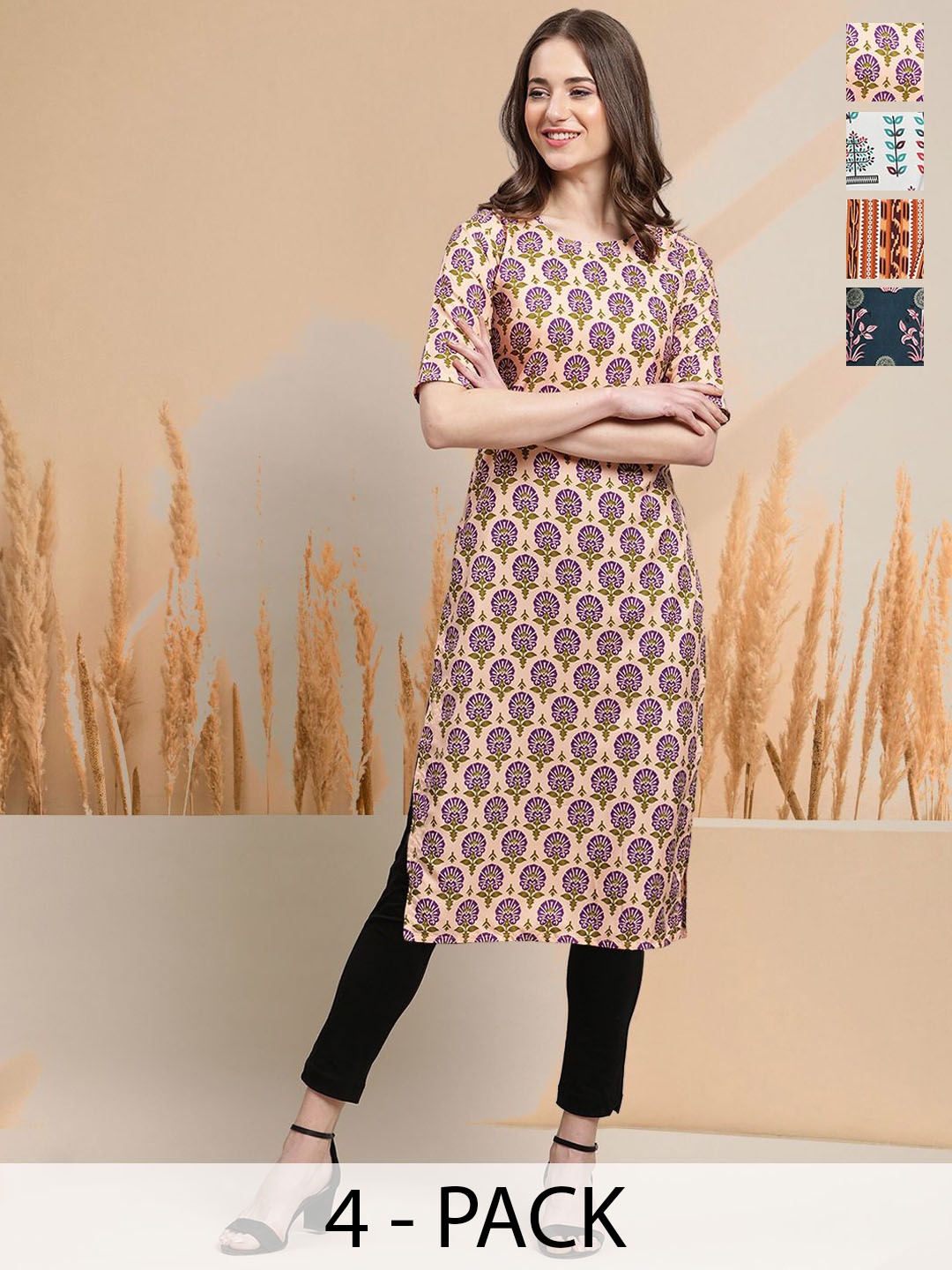 

7Threads Selection of 4 Floral Printed Round Neck Straight Kurtas, Peach