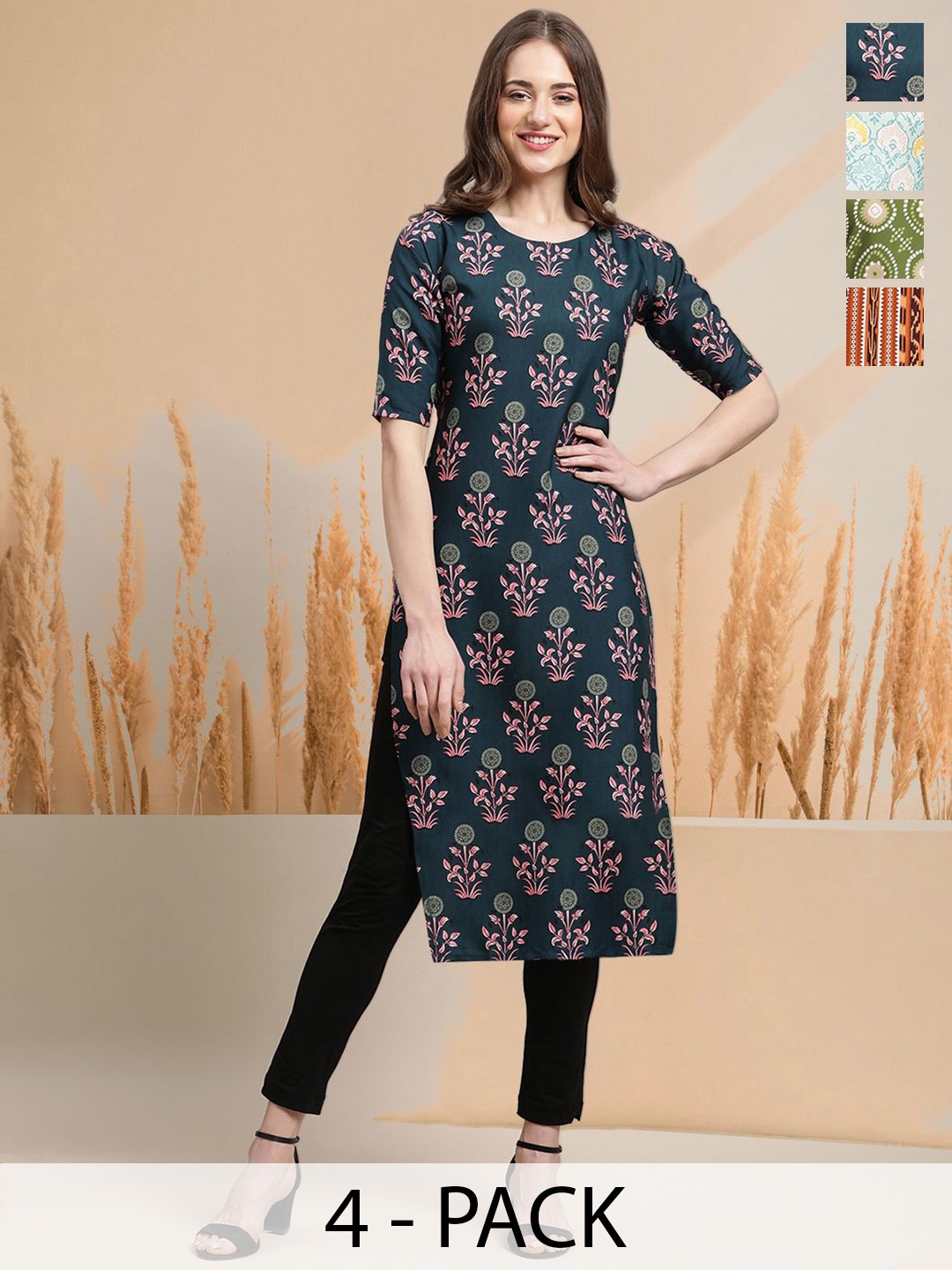 

7Threads Selection of 4 Floral Printed Round Neck Straight Kurtas, Green