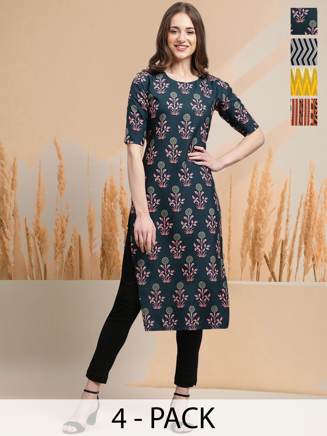 

7Threads Selection Of 4 Floral Printed Round Neck Straight Kurtas, Teal